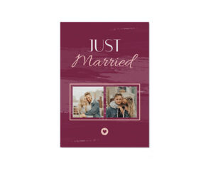 Burgundy Just Married Portrait Flat Wedding Card